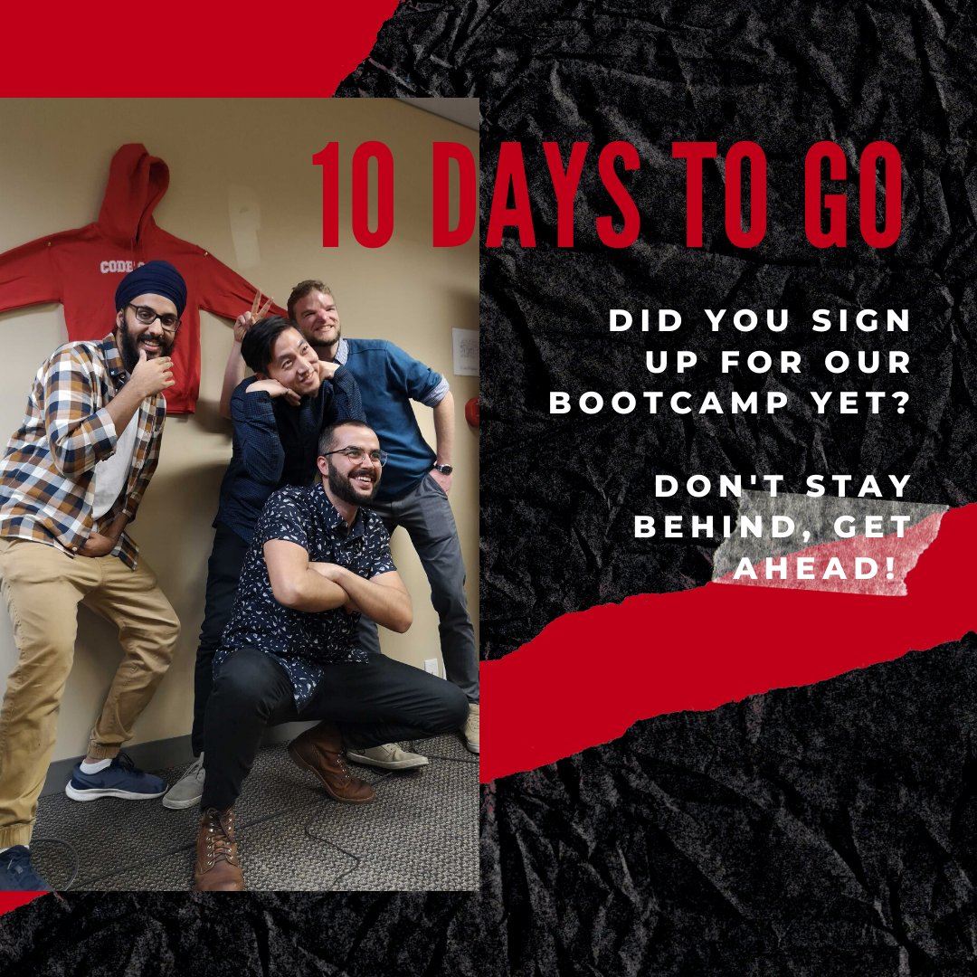 CodeCoreCollege's tweet photo. 10 DAYS LEFT!!! Sign up soon before time runs out to join our next Bootcamp!
.
.
.
.
.
.
#furtherdevelopment #bootcamp #highereducation #college #university #javascript #html #css #ruby #reactjs https://t.co/P0obK2z8e6