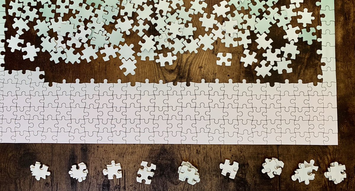 elissa’s: categorize every loose piece by puzzle shape (four holes; four nubs; etc). starting at one end, figure out which piece shape(s) can fill the space and test each stack of possible shapes to the opening. once filled, repeat!