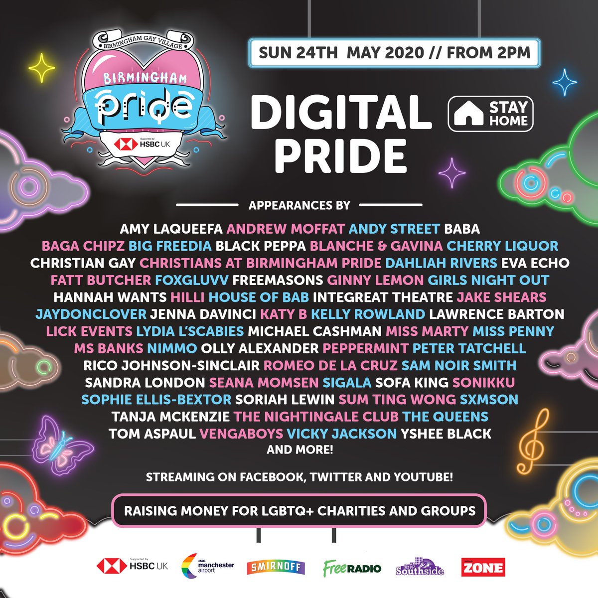 💓🌈THE BIRMINGHAM DIGI PRIDE LINE UP!🌈💓

Sunday 24th we are broadcasting Birmingham digital Pride across our Facebook, Twitter and YouTube from 2pm! 

Get on your best pride looks and let’s have a party! 🌈