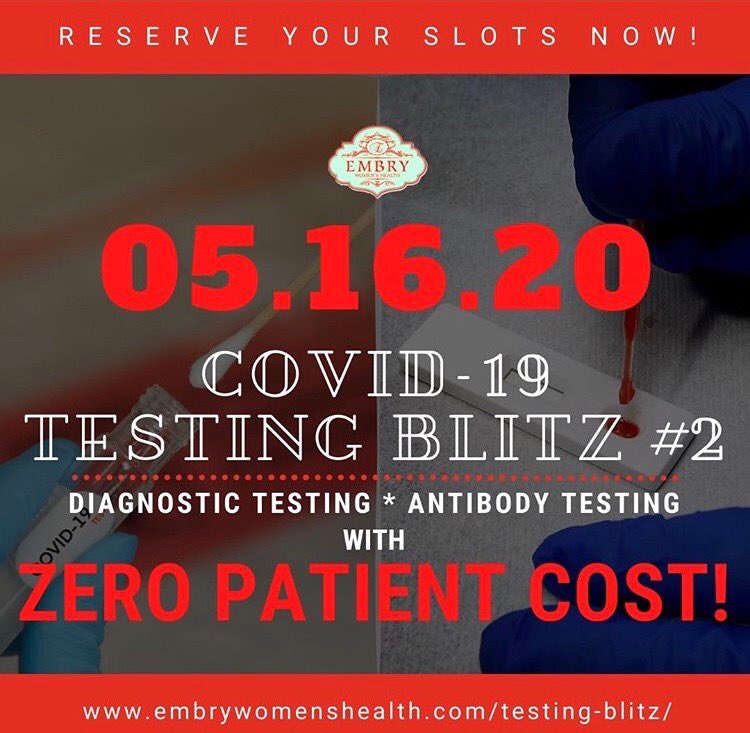 ⁣
One of our provider customers, Embry Womens Health, an OBGYN clinic located in Phoenix, Arizona is doing a testing blitz tomorrow! You can stop by for Covid-19 diagnostic testing and antibody testing - Make sure to bring your ID. You can sign up now embrywomenshealth.com/testing-blitz