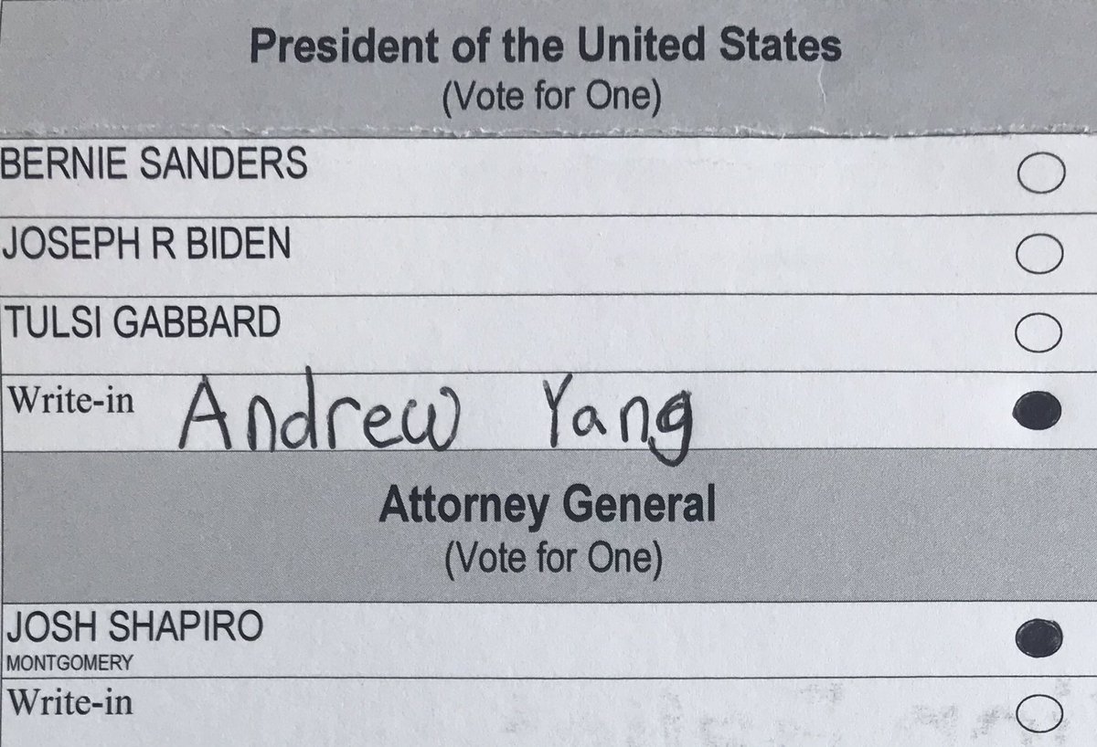 BlakeIFox's tweet photo. There is at least one vote for Andrew Yang in Pennsylvania!
I’ve waited more than a year for this moment!!!
My father voted for Yang because he knows that #HumanityFirst values are exactly what our country needs.
#JewsForYang #YangGang https://t.co/DmyO0yE1ND