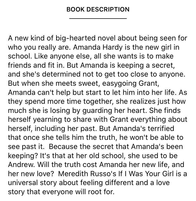 if i was your girl by meredith russo - a book about a trans character written by a trans author!!! we love to see it- tw though for discrimination and abuse- i rly rooted for the love story - i love her dad so much and he proves that people CAN change - it also made me cry