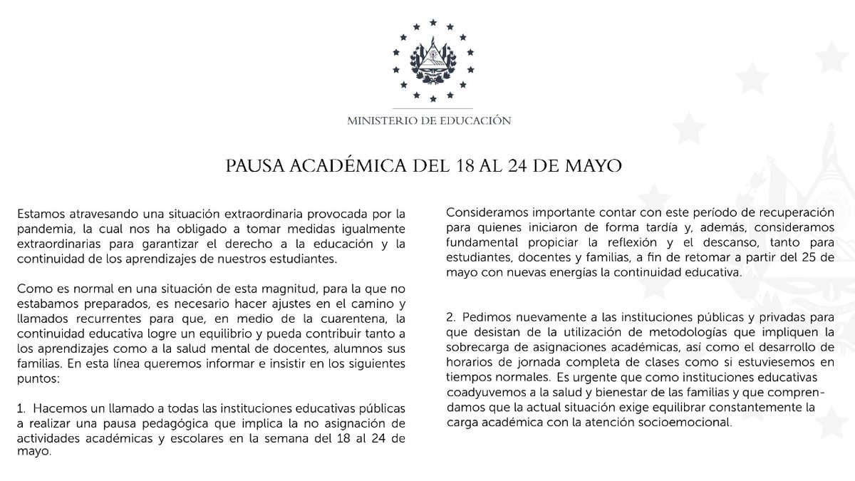 EducacionSV's tweet photo. Informamos sobre pausa académica del 18 al 24 de mayo: https://t.co/rGu0VcBelx