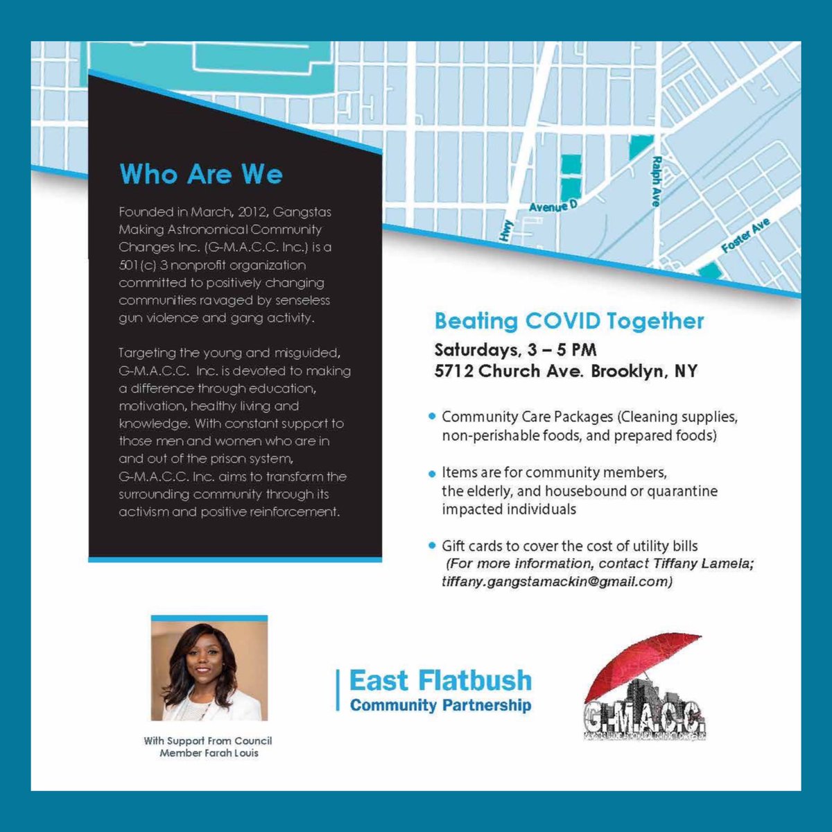 FarahNLouis's tweet photo. Join us every Saturday from 3-5pm at 5712 Church Avenue, Brooklyn, as We Beat COVID Together! My office has partnered w/ #gmaac to provide Care Packages ( cleaning supplies, non-perishable foods and prepared foods) & Gift Cards to cover the cost of Utility Bills. https://t.co/R6LCU5yG8y
