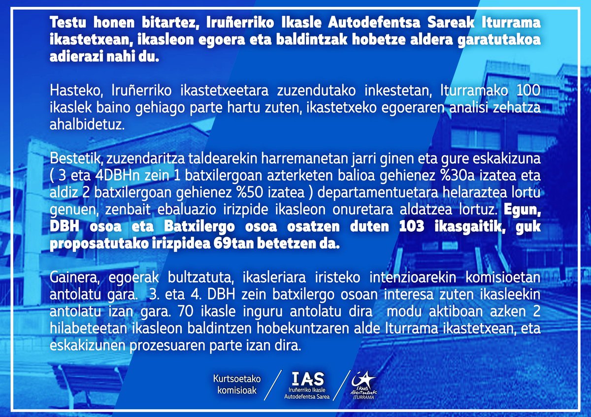 Hurrengo testuan Iturrama ikastetxean, ikasleon baldintzak hobetze aldera, burututako aurrerapen zein lorpenen berri ematen dugu👇👇

Autodefentsaz ikasleon baldintzak defendatu!! ✊