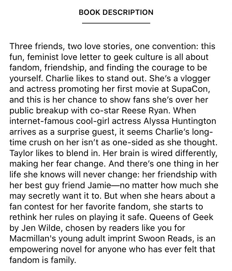 queens of geek by jen wilde- if you’re a nerd like me you’ll love this- this is the bisexual version of y/n and i fuck with that- also the straight couple has rights as well- this friend group makes me so happy- also i love books dealing with fan culture if you couldn’t tell