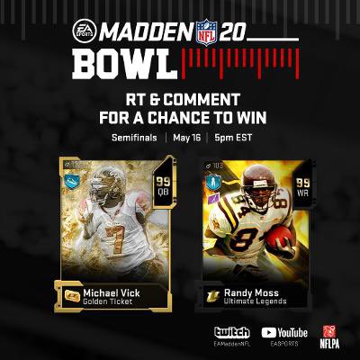 RT, Follow, &amp; Comment #MaddenBowl for a chance to win the Dynamic Duo giveaway of Mike Vick &amp; Randy Moss

Don’t miss the semifinals &amp; finals action kicking off today at 5PM ET at: Twitch.tv/EAMaddenNFL