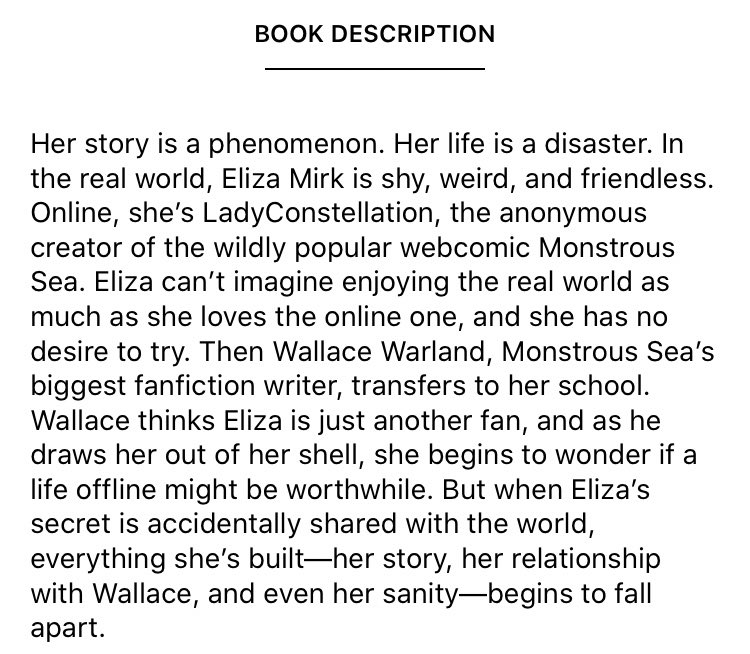 eliza and her monsters by francesca zappia - i think they rly handled anxiety rly well in this book- yes here we are again with the fan culture- also love that the webcomic is like A Part of the book - a fun read 10/10