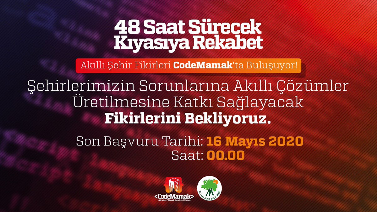 Tüm veri bilimi tutkunlarının ve konuyla ilgilenen kişilerin katılımına açık olacak;

<CodeMamak> Hackathon Yarışması için başvurunu yapmayı unutma!

🗓️ Son başvuru: 16 Mayıs 2020
🕛 00.00

Hemen Başvur👉🏻 code.mamak.bel.tr