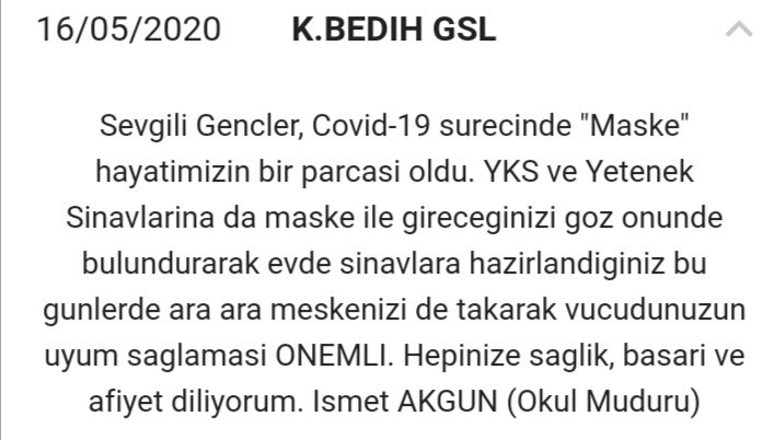 12. sınıf öğrencilerimizi ve velilerimizi mesaj ile bilgilendirdik; zira Covid-19 sürecinde, "maske" giysilerimizin bir tamamlayıcısı...
<a href="/KarakopruM/">Karaköprü MEM</a>
