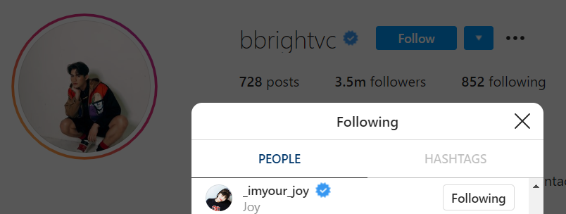 127. Michael Kors, Vachirawit "Bright" Chivaaree (Thai actor), Esther Yu (Chinese actress/singer) and PSY follow Joy on Instagram.