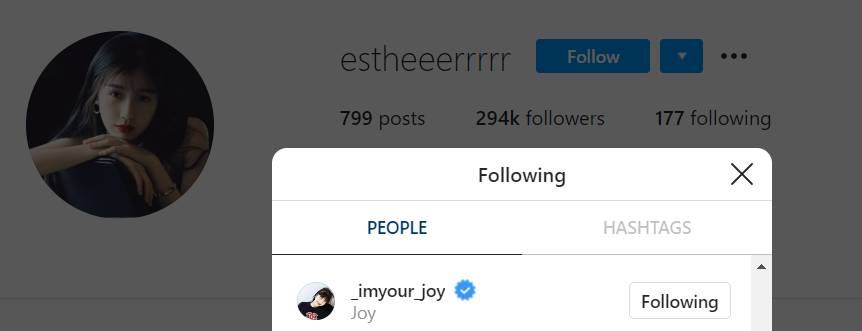 127. Michael Kors, Vachirawit "Bright" Chivaaree (Thai actor), Esther Yu (Chinese actress/singer) and PSY follow Joy on Instagram.