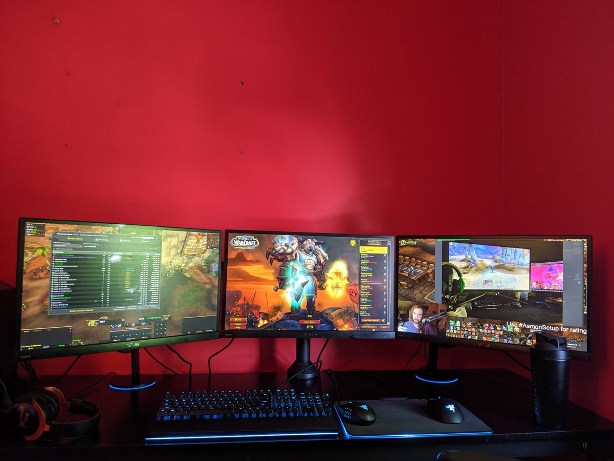 BabyTPig's tweet photo. @Asmongold Main account, auction house account, stream. A window to enjoy the outdoors. All the lights. #AsmonSetup https://t.co/Fq50iTxB4Y