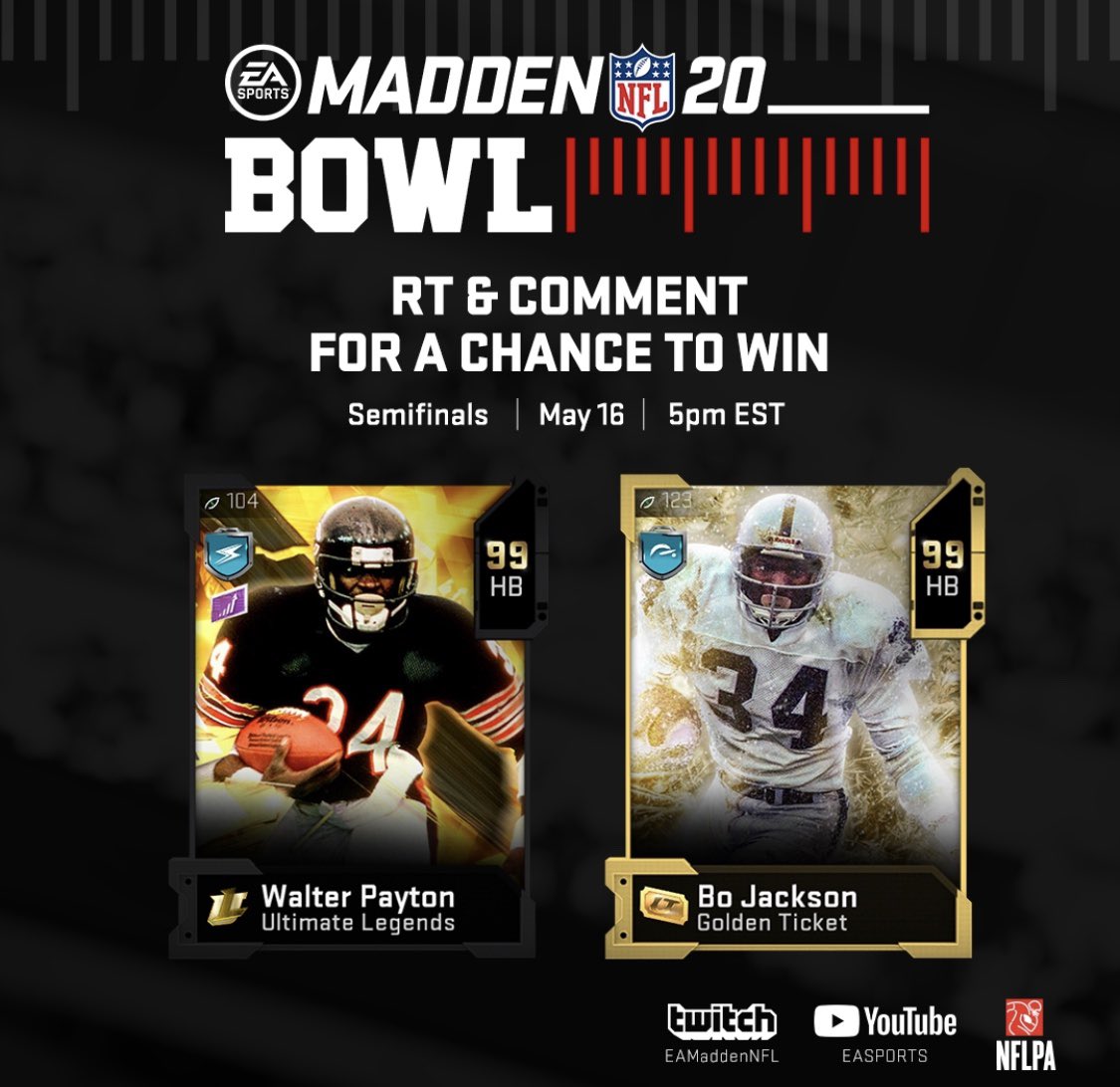 Giveaway 🚨
 
RT, Follow, &amp; Comment #MaddenBowl for a chance to win the Dynamic Duo giveaway of Bo Jackson &amp; Walter Payton  
 
Don’t miss the semifinals &amp; finals action kicking off today at 5PM ET at: Twitch.tv/EAMaddenNFL

I’ll choose a winner after the madden bowl!