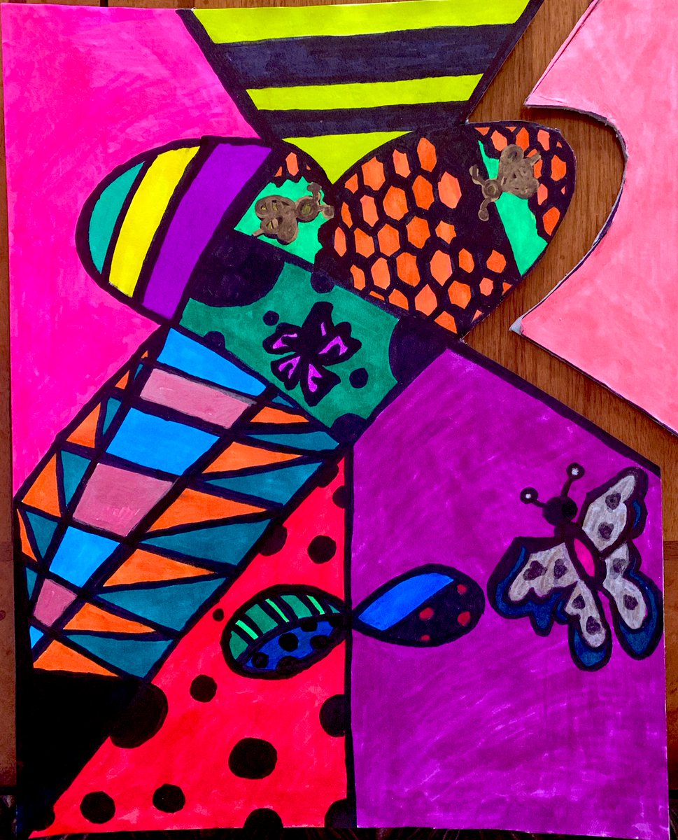 Coataltan's tweet photo. Art project @BCEBobcat with Mrs.  Tart’s art @romerobrittoart turned into a puzzle.  #dadsart #daddysgirl #arttogether #virtuallearning @CCPSEdChannel #beehive #butterflies #color https://t.co/xofLDKOb2a