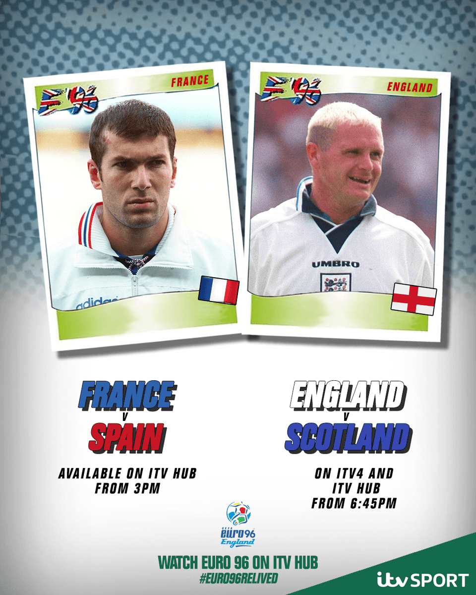 itvfootball's tweet photo. Coming up:

@England are back in action TODAY against the Auld enemy 🏴󠁧󠁢󠁥󠁮󠁧󠁿🏴󠁧󠁢󠁳󠁣󠁴󠁿

England 🆚 Scotland 
📺 @ITV4
📱@itvhub 👉 https://t.co/6c4TLXaRO7
⏰ 6.45PM

France 🆚 Spain 
📺 @itvhub 
📱 https://t.co/6c4TLXaRO7
⏰ 3PM

#Euro96Relived #ITVFootball https://t.co/lFLTcL1ODH