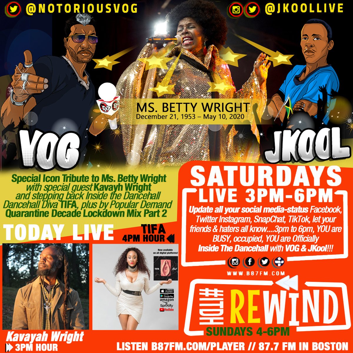 B87FM's tweet photo. 💬 #HappeningNOW: 
🌴#InsideTheDancehall
#ITDH🇺🇸🇯🇲 3p-6p
@NotoriousVOG 
@JKoolLIVE

Special  ICON Tribute
to @MsBettyWright
w/ Special Guest #KavayhWright

Step’N👣Back #ITDH
@itsthetifa

By Popular DEMAND
Quarantine Decades Mix

📻 https://t.co/SRL5ei0E7I
https://t.co/M6tlTjd9UX https://t.co/gq2dWXm0J1