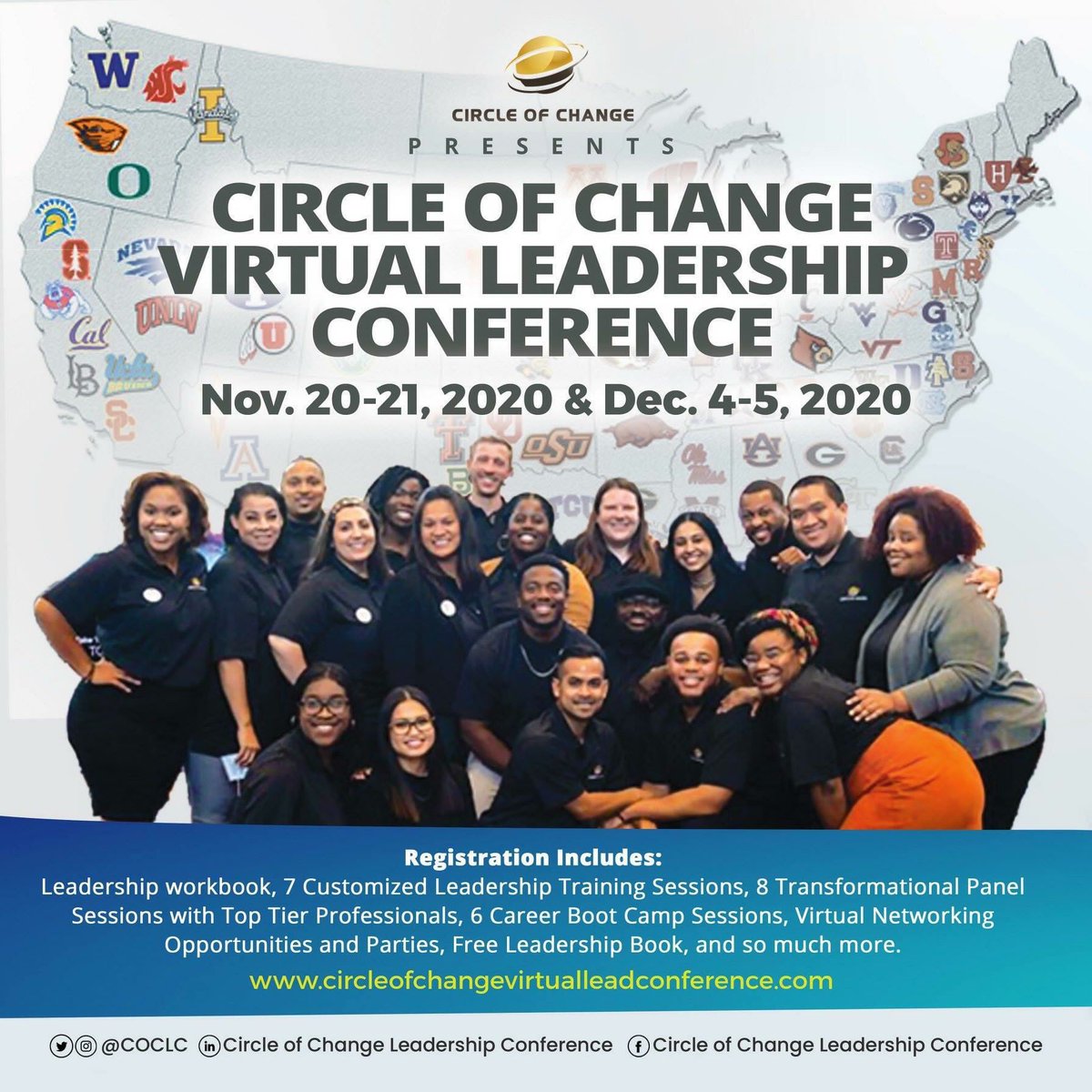 COCLC's tweet photo. Coming to you this fall: The Circle of Change Virtual Leadership Conference!

Because of the uncertainty surrounding COVID-19 and in prioritizing the safety of of students and professionals we will be holding this year’s COCLC virtually! https://t.co/gE2koh7SI2
