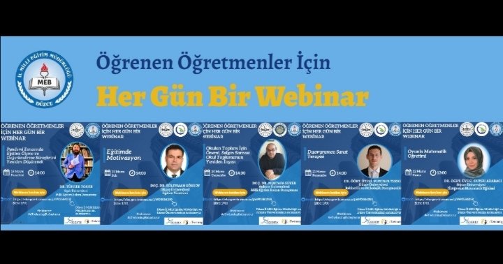 duzce_mem's tweet photo. "Öğrenen Öğretmenler İçin Her Güne Bir Webinar"
Bu hafta iki bakan danışmanı ve Düzce Üniversitesi akademisyenlerinden oluşan 5 farklı webinarla devam ediyoruz.
@tcmeb @ziyaselcuk @safran1958 @zulkifdagli @hmzaydg @okancbn @adnanboyaci #tatildegiluzaktanegitim https://t.co/r8HMc5jLlZ