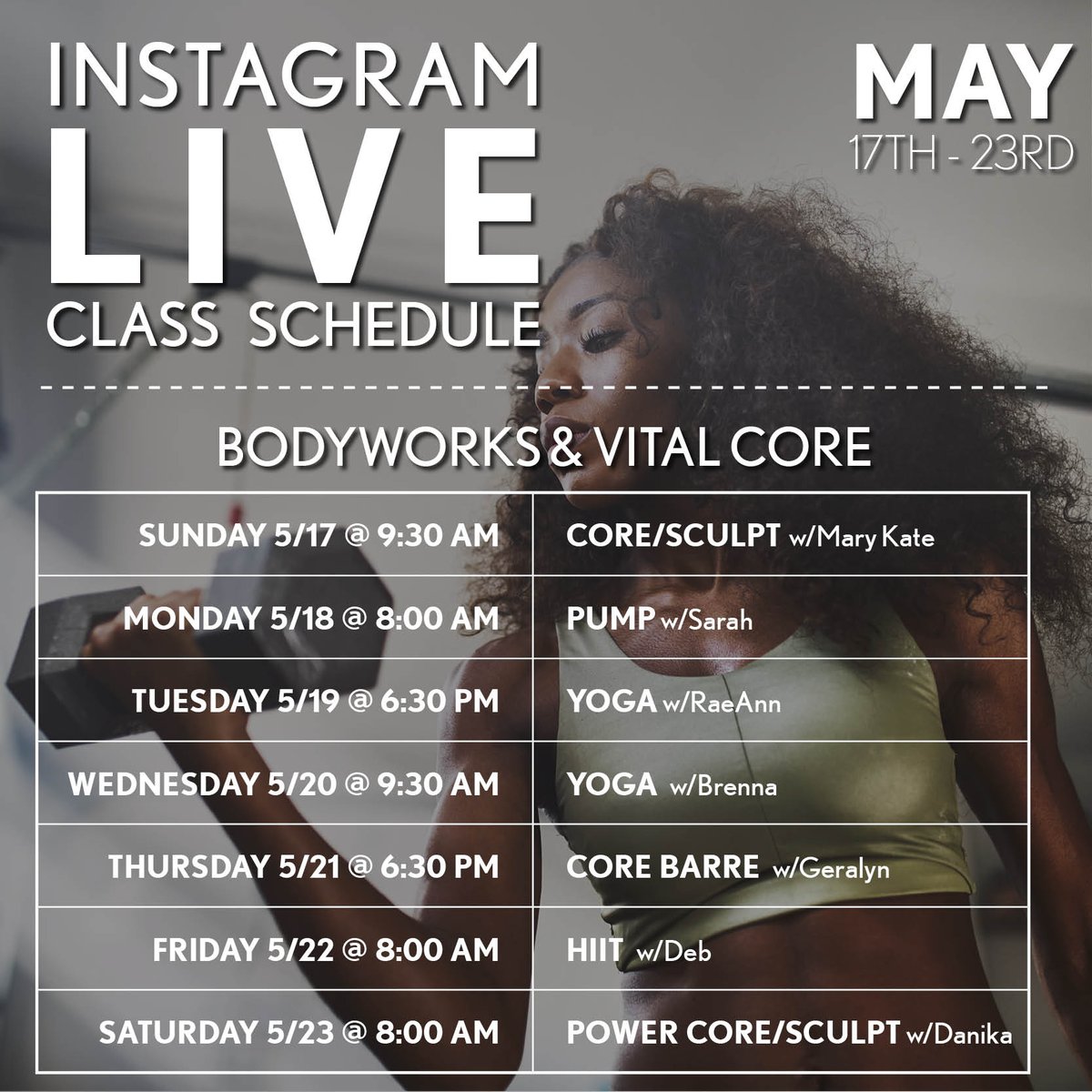 BodyworksWoburn's tweet photo. Join us on IG LIVE this week! Here is the schedule for 5/17 - 5/23.
.
Workouts are posted to Facebook after the live version on Instagram.
.
#bodyworks #bodyworkswoburn #instagramlive #onlineworkout https://t.co/P94vkxEGur