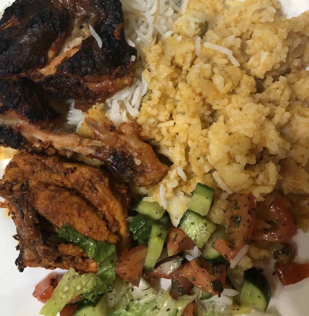 Tandoori chicken, white rice and biryani rice, Molokhia, beans with olive oil and Tiramisu cake 