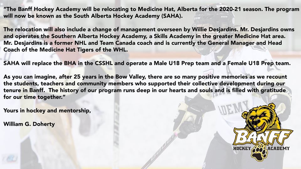zjlaing's tweet photo. Wow. The Banff Hockey Academy is moving to Medicine Hat and is set to be taken over by former NHL coach Willie Desjardins. The program had been run by former NHL'er Garry Unger since 2007. This is a huge loss for the Bow Valley.

Statement from the academy: https://t.co/PIrpsTNdRy