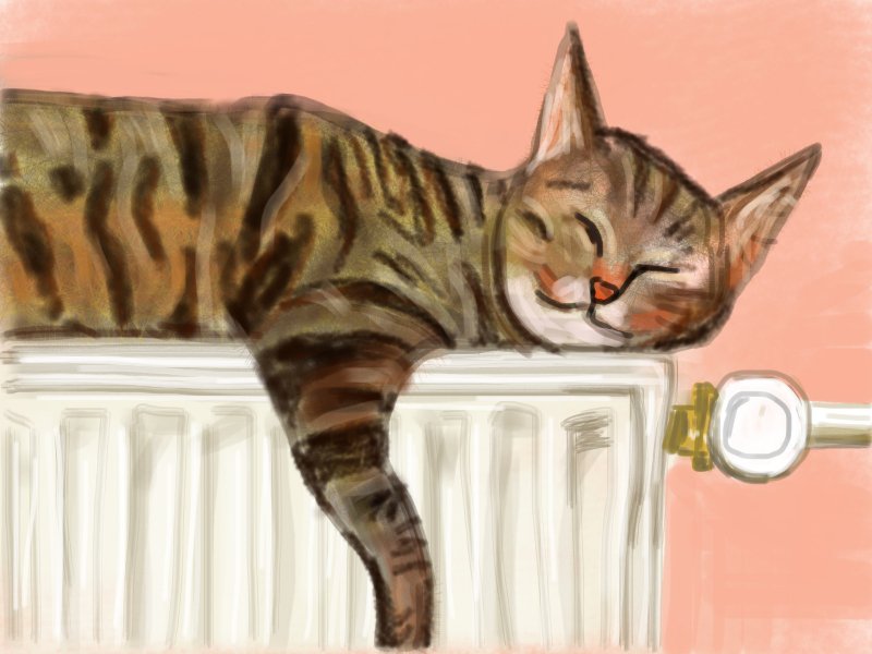 David Hockney, iPad painting of a cat on a radiator