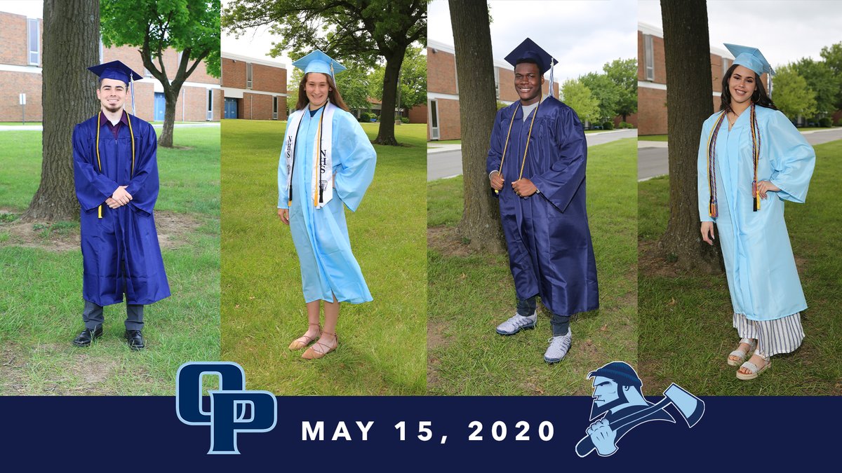 NKCSchools's tweet photo. Celebrating their original graduation day, the Oak Park Class of 2020 visited @Northmen_OPHS yesterday and took photos in their caps and gowns. Seniors' portraits are now available here: https://t.co/0S4qePKIoW #ForTheFamily https://t.co/7CURJVCbKj