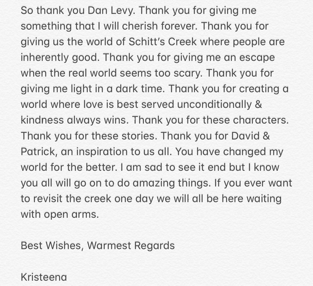 KKMarie6's tweet photo. It’s hard to truly express how much @SchittsCreek means to me but I tried my best. A huge thank you for everything you have given me @danjlevy ❤️ #mylovelettertoschittscreek https://t.co/RVQxFfHASQ