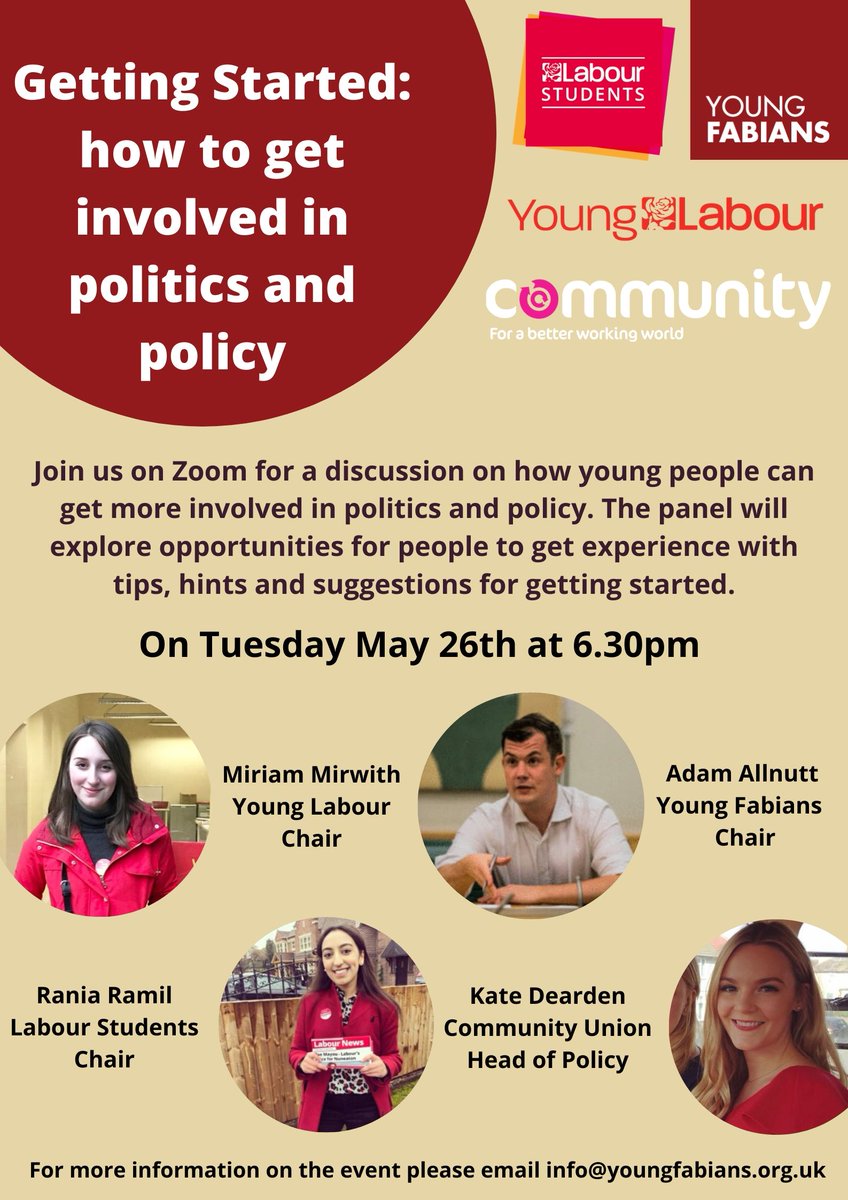 youngfabians's tweet photo. Join us on Tuesday May 26th at 6.30pm for a discussion on how young people can get more involved in politics and policy. The panel will explore opportunities for people to get experience with tips, hints and suggestions for getting started.

Register here: https://t.co/nNc9hy96lh https://t.co/7W2BRKtieV