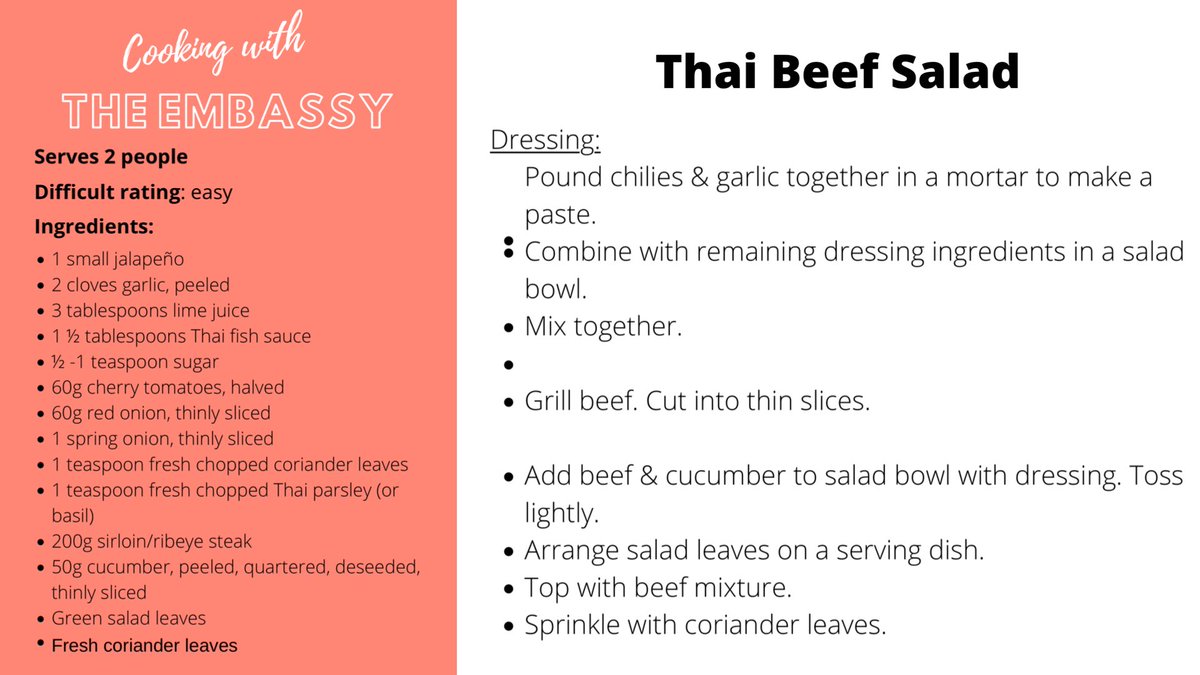 AusEmbMex's tweet photo. The warm weather makes us crave something fresh, what about you? Today the Trade Commissioner showed us his delicious Thai beef salad! Here's the recipe in case you want to try it at home 🏠#CookingWithTheEmbassy #AussieMeat 🥩🇦🇺 https://t.co/miuNGRPt2P