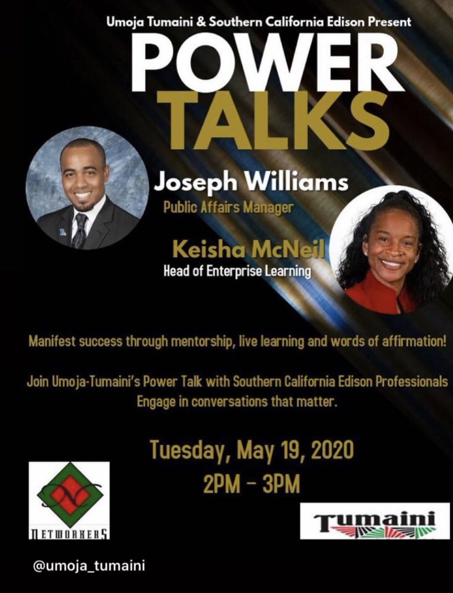Helping students with their virtual transition. It’s not easy move from face to face classes to online. 

Networkers is a Business Resource Group for @sce employees, customers and shareholders focused on the recruitment, retention and advancement of African-American employees.