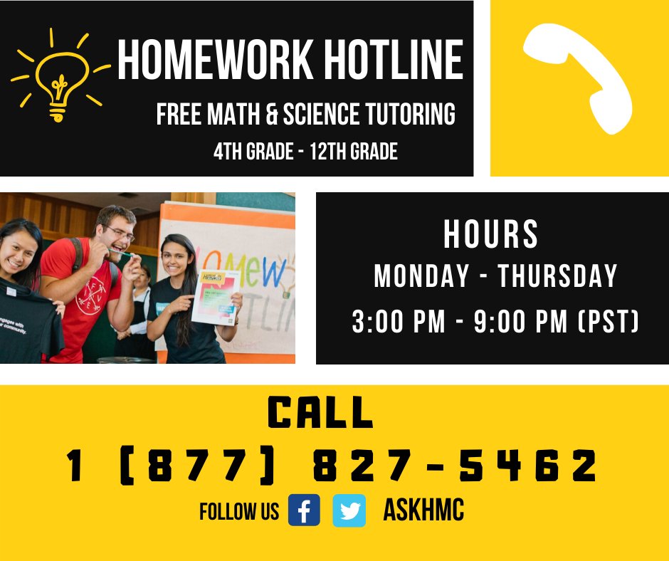 askHMC's tweet photo. We are back for two more weeks! Call us with your Math and Science questions! Free Math and Science tutoring #AskHMC https://t.co/UPMhFLUG5E