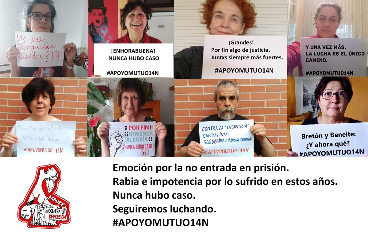 #ApoyoMutuo14N
Emoción por la no entrada en prisión.
Rabia e impotencia por lo sufrido estos años.
Nunca hubo caso.
Seguiremos luchando hasta que se haga justicia.
<a href="/StopRepreRioja/">#ApoyoMutuo14N</a>