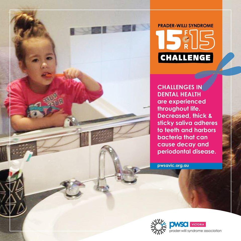 PWSAVICTORIA's tweet photo. People with #PWS of all ages face lifelong challenges in dental health with decreased, thick and sticky saliva that adheres to teeth and harbors bacteria that can cause decay and periodontal disease

This month we're raising awareness and celebrate all our PWS community
#15for15 https://t.co/NkJIc5LuMp
