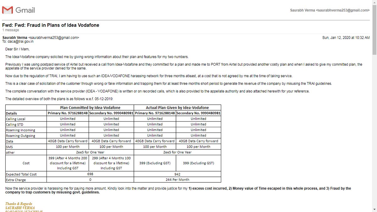 saurabhverma253's tweet image. Placed a Complaint at daca@trai.gov.in (official consumer complaint ID of TRAI), with conclusive evidence of #Fraud made by IDEA company by using TRAI guidelines. Still Unanswered...!!! 

@DoT_India @rsprasad