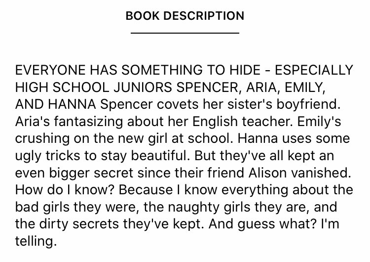 the pretty little liars series by sara shepard- since i apparently have a weird connection to the tv-show i decided to read ALL 18 BOOKS in april of last year and you know what? it was a great experience and i recommend them- the fucking plot twists through all the books >>>>>