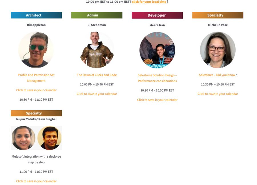ApexHours's tweet photo. Our next hour (10:00 PM - 11:00 PM EST) is filled with some awesome sessions. 
Please join now https://t.co/zg1g6IDwNL. Agenda in PDF - https://t.co/h4VUMOrABc @_JSteadman 
@MeeraNairNY @Vose_DF17
 @ashish20000 @amit_sfdc @jitendrazaa
#VirtualDreamin20 @nupuryaduka @SocilaRav https://t.co/5yWU2ypkmV