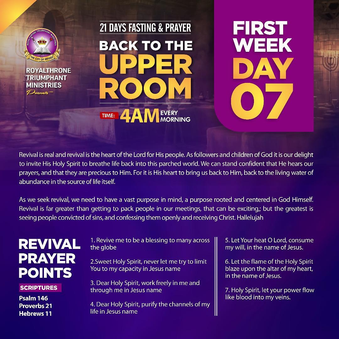 Royalthrone Triumphant Ministries Fasting and Prayer Conference will continue on Monday @ 4am. Please check the flyer schedule below for the Prayer Points. 
JOIN RTM ON  SUNDAY @ 
10:30 AM FOR 
🔥 BREAKTHROUGH SUNDAY🔥
with Royal Prophet Reindolf Monnie 
Live on all platforms.