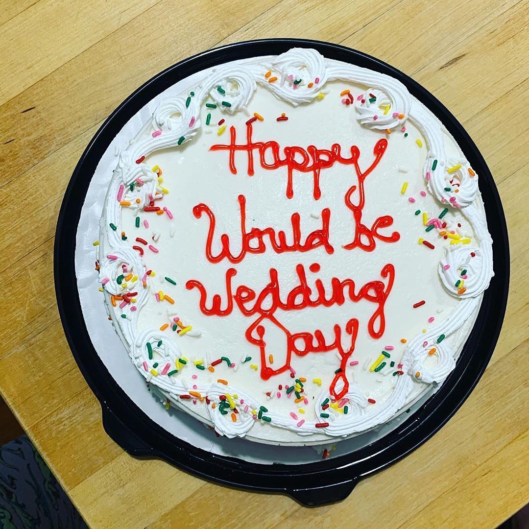 The cutest *would be* wedding day celebration! 🍰💙 Meg &amp; Ian postponed their big day but honored their "would be" date with a pj party and sweet treat!