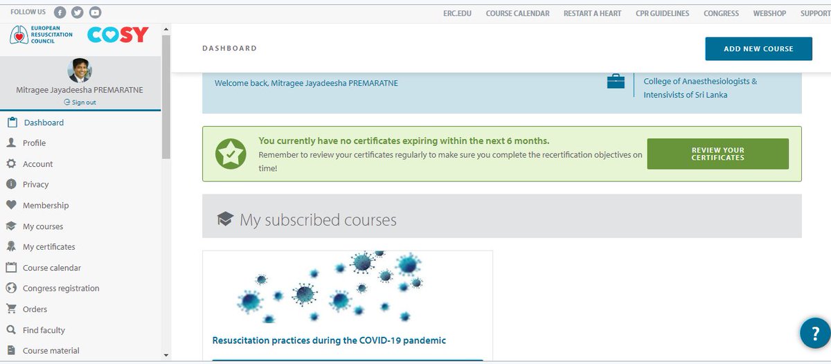 ResusLanka's tweet photo. Login to your ERC account - Click COSY Dashboard to  access online module on #Resuscitation practices during #COVID19 pandemic. 
Temporary adaptations to the 🇪🇺ERC course content in victims of CA with confirmed or suspected COVID-19
@ERC_ALS_SEC @ERC_resus @erc_young @Ilcor_org https://t.co/ZxNOfu1LDe