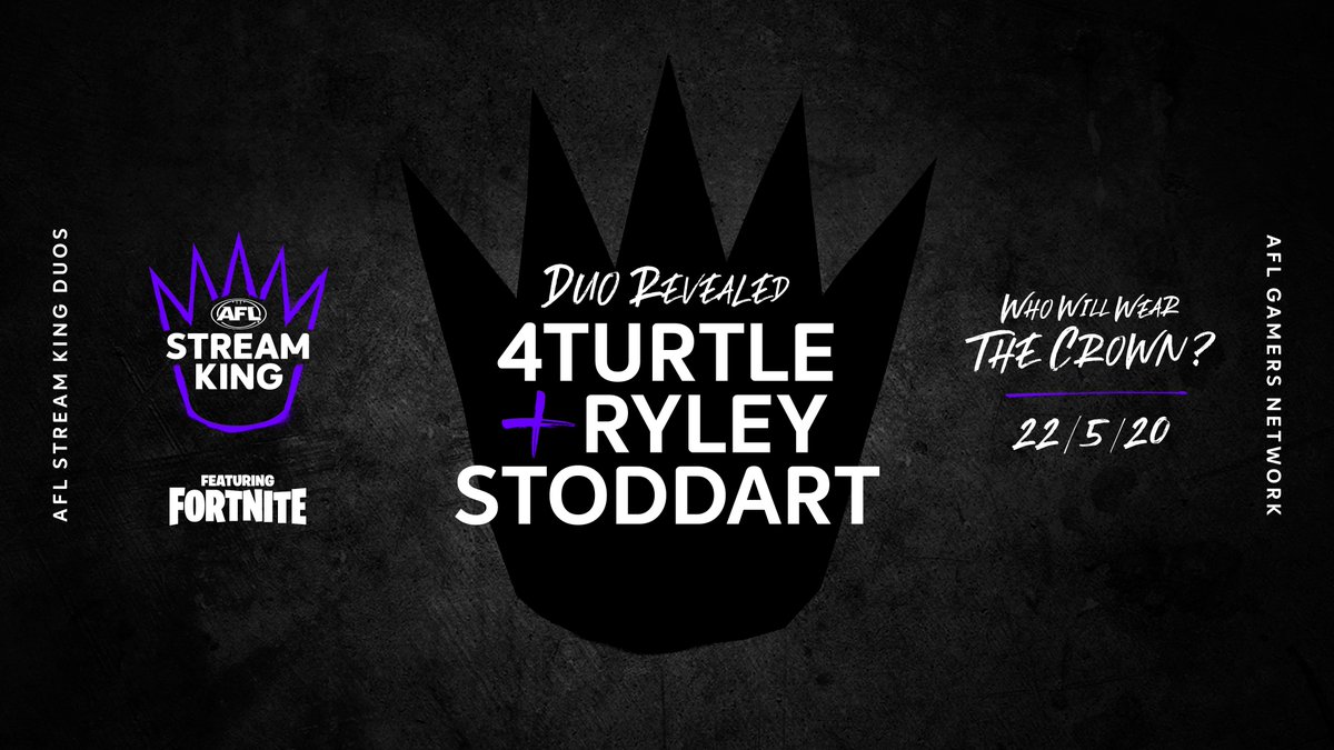 Up next it's <a href="/4Turtle_/">4Turtle</a> and <a href="/StoddartRyley/">Ryley Stoddart</a> from the <a href="/sydneyswans/">Sydney Swans</a> who are joining forces to try and win a share of $100k for their charities in the #AFLGamers #StreamKing <a href="/FortniteGame/">FortniteGame</a> tournament #fortnite 👀