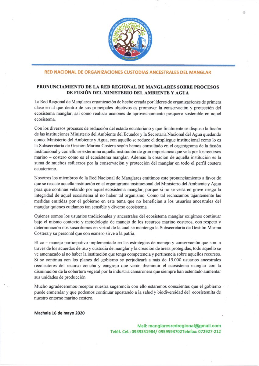 RManglar's tweet photo. Pronunciamiento Oficial de Red Nacional de Organizaciones Ancestrales del Manglar sobre proceso de fusión del Ministerio Ambiente y Agua @Lenin  @ottosonnenh  @Ambiente_Ec @PaulProanoA @mapagob https://t.co/uBtWPe6c85