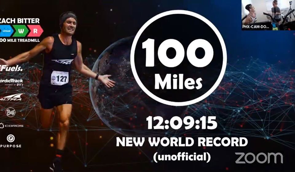 CONGRATULATIONS to <a href="/zachbitter/">Zach Bitter</a> for his new 100 Mile Treadmill World Record in 12:09:15 (unofficial). 7:18 avg pace! 
The previous record was 12:32 by Canada's @daveoutrunsrare. Great job crewing, @nkbitter! <a href="/AltraRunning/">Altra Running</a> <a href="/NordicTrack/">NordicTrack</a> @BUFF_USA <a href="/irun4ultra/">IRun4Ultra</a> <a href="/iRunFar/">iRunFar</a> <a href="/runnersworld/">Runner's World</a>