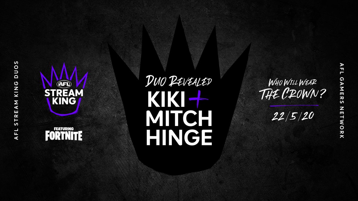 AFLGamers's tweet photo. The @brisbanelions' @hingey22 and @ChiefsESC @Kiki_Twitch are your newest duo! Where will they finish in our 40 duo #StreamKing @AFLGamers @FortniteGame charity tournament? 🔥 #fortnite https://t.co/4oXJrIczYG
