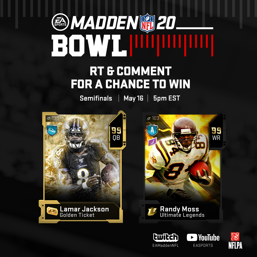 EAMaddenNFL_MCS's tweet photo. Madden Bowl Semifinals Giveaway 🚨

RT &amp; Comment #MaddenBowl for a chance to win the Dynamic Duo of GT Lamar Jackson &amp; UL Randy Moss

LIVE 📺:  https://t.co/KGdwmd0DtA https://t.co/rEtRXwo9wx
