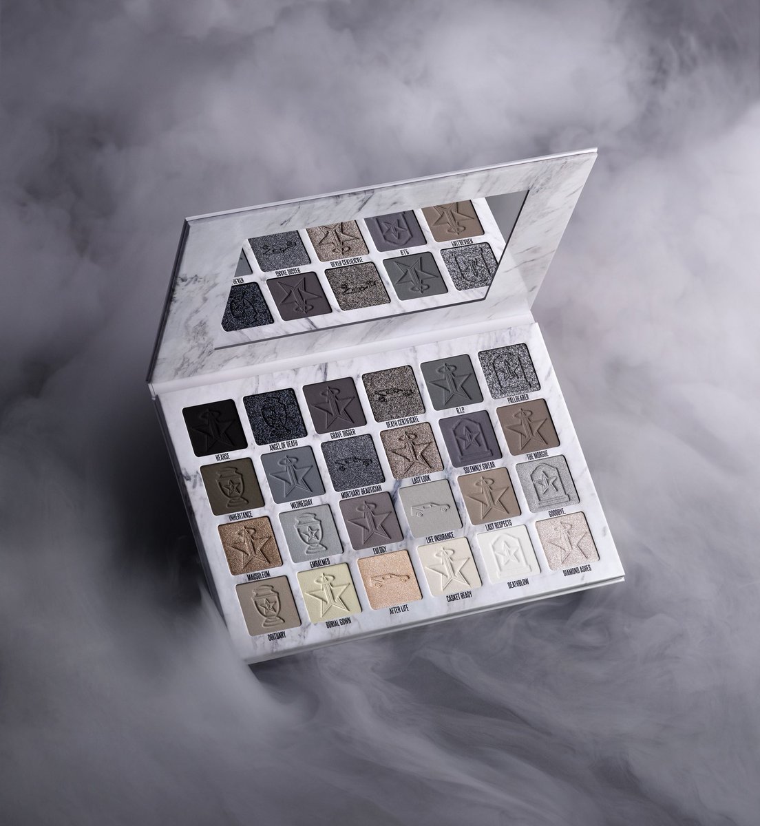 The inside of the #CREMATED palette 🖤 24 shades. Retail: $58 🕊 The entire collection will be launching MAY 22ND @ 10AM PST / 1PM EST ⚱️ #jeffreestarcosmetics #crematedpalette