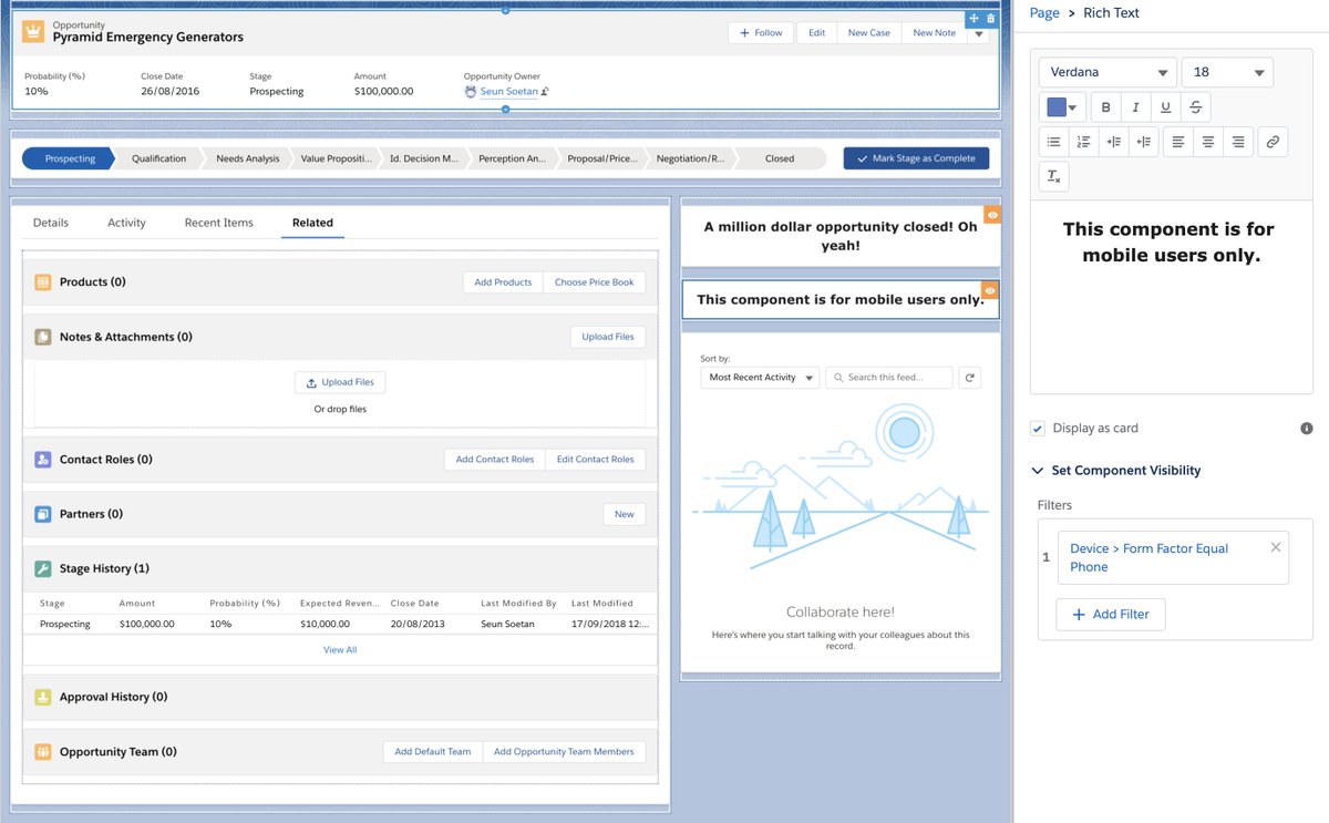 After watching videos 3 and 4 of the #BeAnInnovator trailmix, I created some lightning pages.I set the component visibility of the rich text lightning component base on device used and/or record update of fields to meet defined criteria. #Sweepstakes.