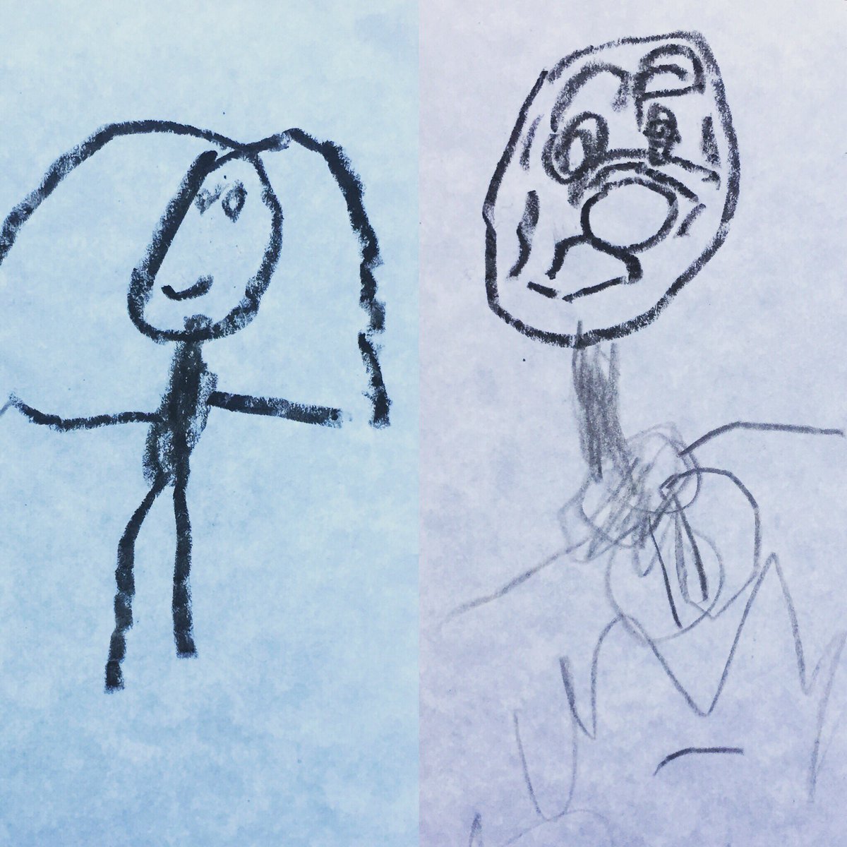 PeterSurowski's tweet image. Usually my daughter’s pics look like the one on the left. Today, she drew the one on the right. And I think it’s going to haunt my dreams tonight.
•
•
•
#scarychildart #childart #childsrawings #kidart #kiddrawings #hauntedimages #hauntedpic #hauntedphotos #haunted