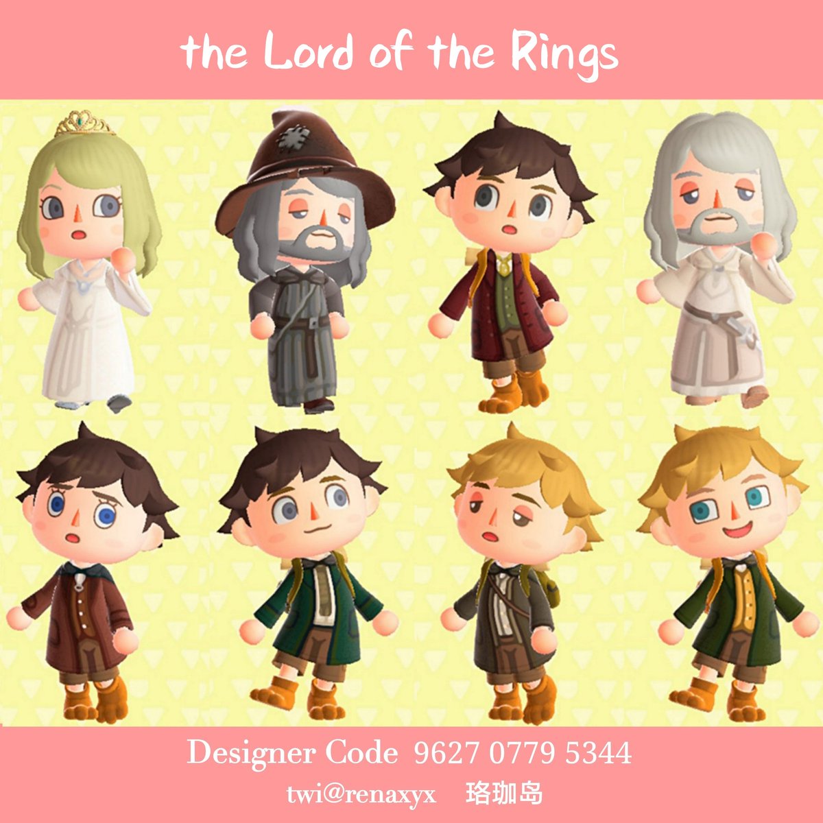 Renaxyx's tweet photo. #どうぶつの森 #マイデザイン #AnimalCrossingDesigns #AnimalCrossingNewHorizon #acnhqrcode #ACNHdesign #acnh #TheHobbit #マイデザイン配布
#thelordoftherings  #HarryPotter #Merlin  My recent designs. This Twitter will be updated once I finish the other lotr characters. https://t.co/vxLv2xc3FF